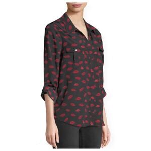 NWOT JOIE Top Blouse Shirt M Black Red-Lips-Print Button-Up Roll-Up-Tab-Long-Slv
